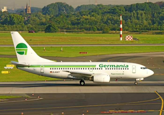 Flugzeugtyp: B737-700, Fluggesellschaft: Germania Fluggesellschaft (ST/GMI), Kennzeichen: D-AGET, Flughafen: Düsseldorf, Datum: 06.August 2009, Bild: Steffen Remmel